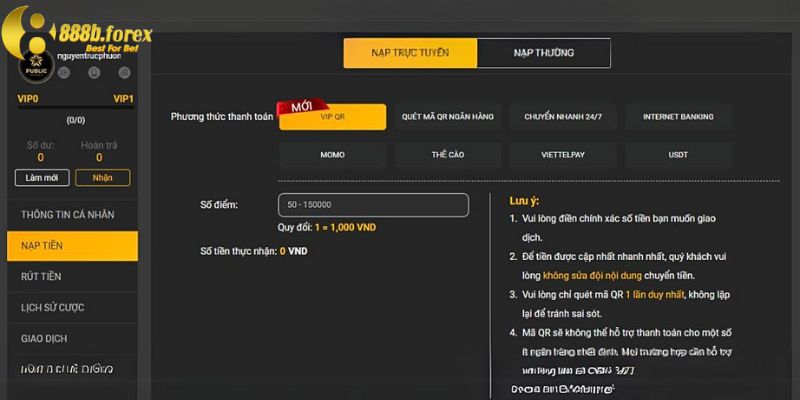 Các lưu ý trong quá trình nạp tiền 888b